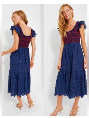Tuckernuck Navy and Burgundy Eyelet Midi Dress